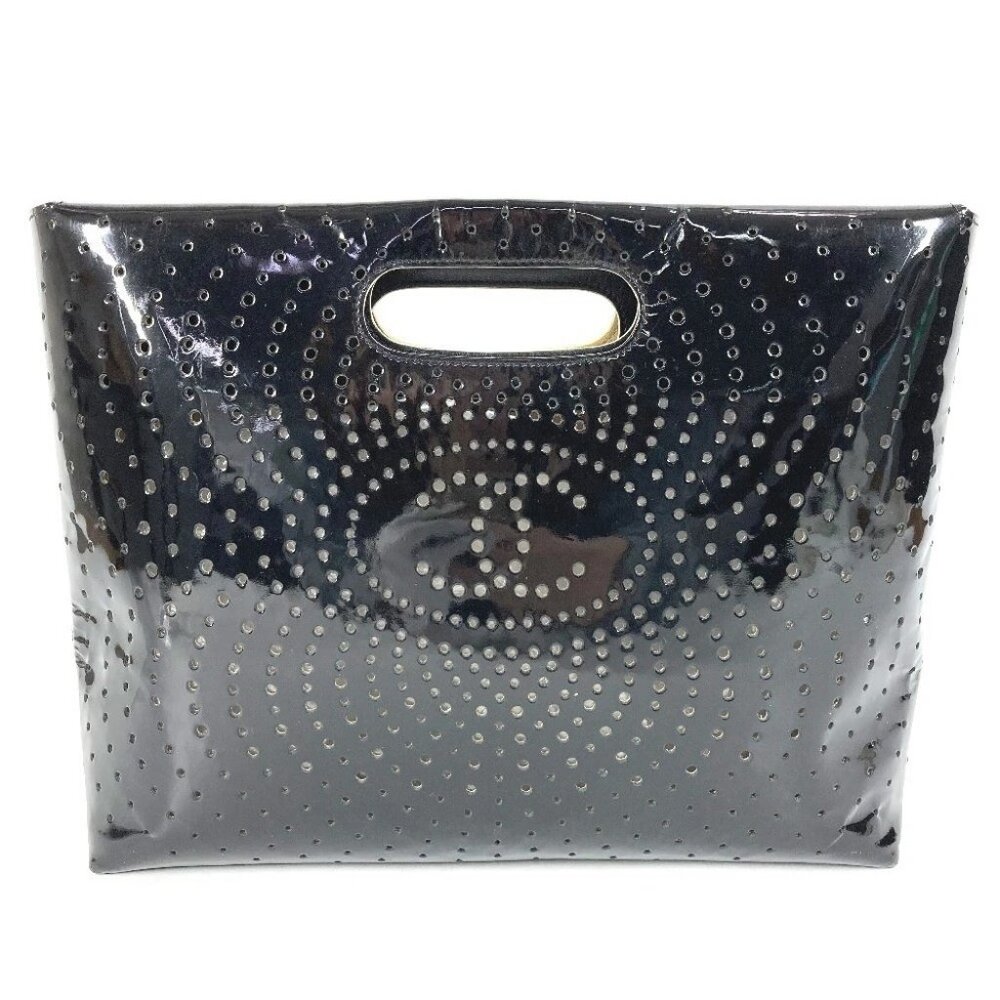 CHANEL Punching CC CC Mark logo Bag Hand Bag enamel Black